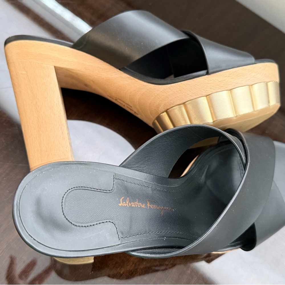 Salvatore Ferragamo Black and Gold Platform Sandals